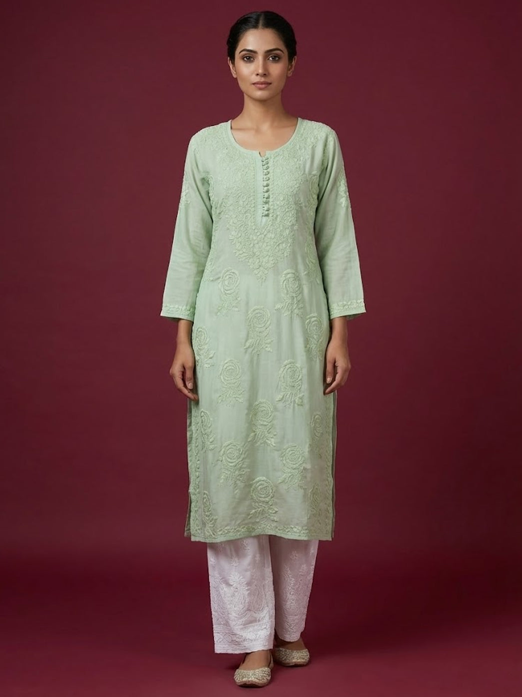 Pista Green Muslin Chikankari Straight Kurti