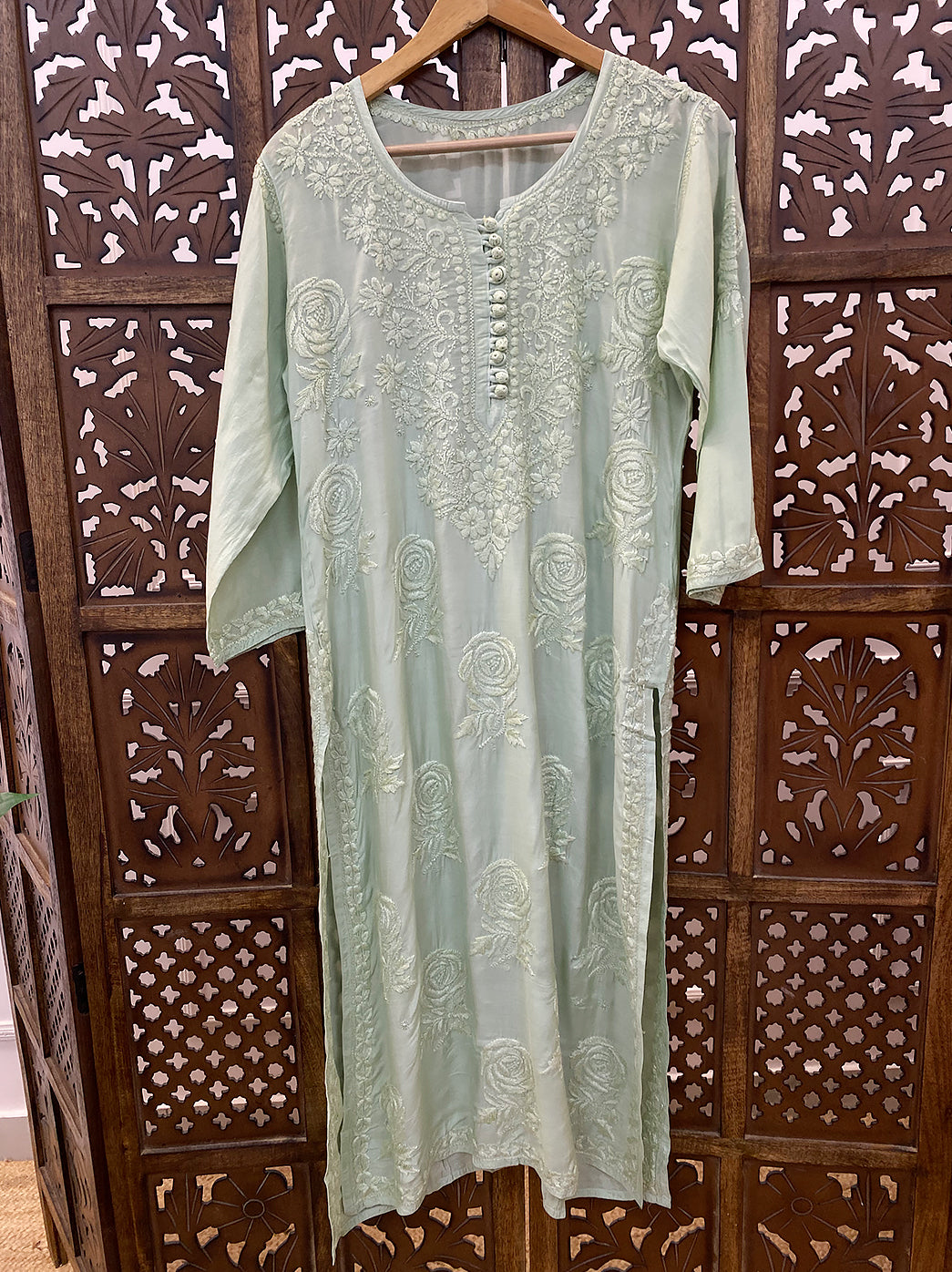 Pista Green Muslin Chikankari Straight Kurti