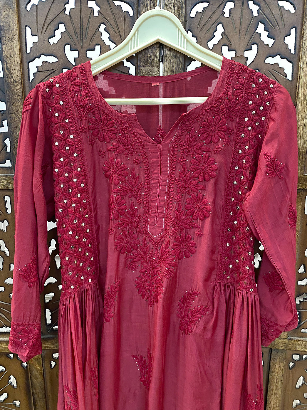 Red Chanderi Chikankari A-Line Kurti