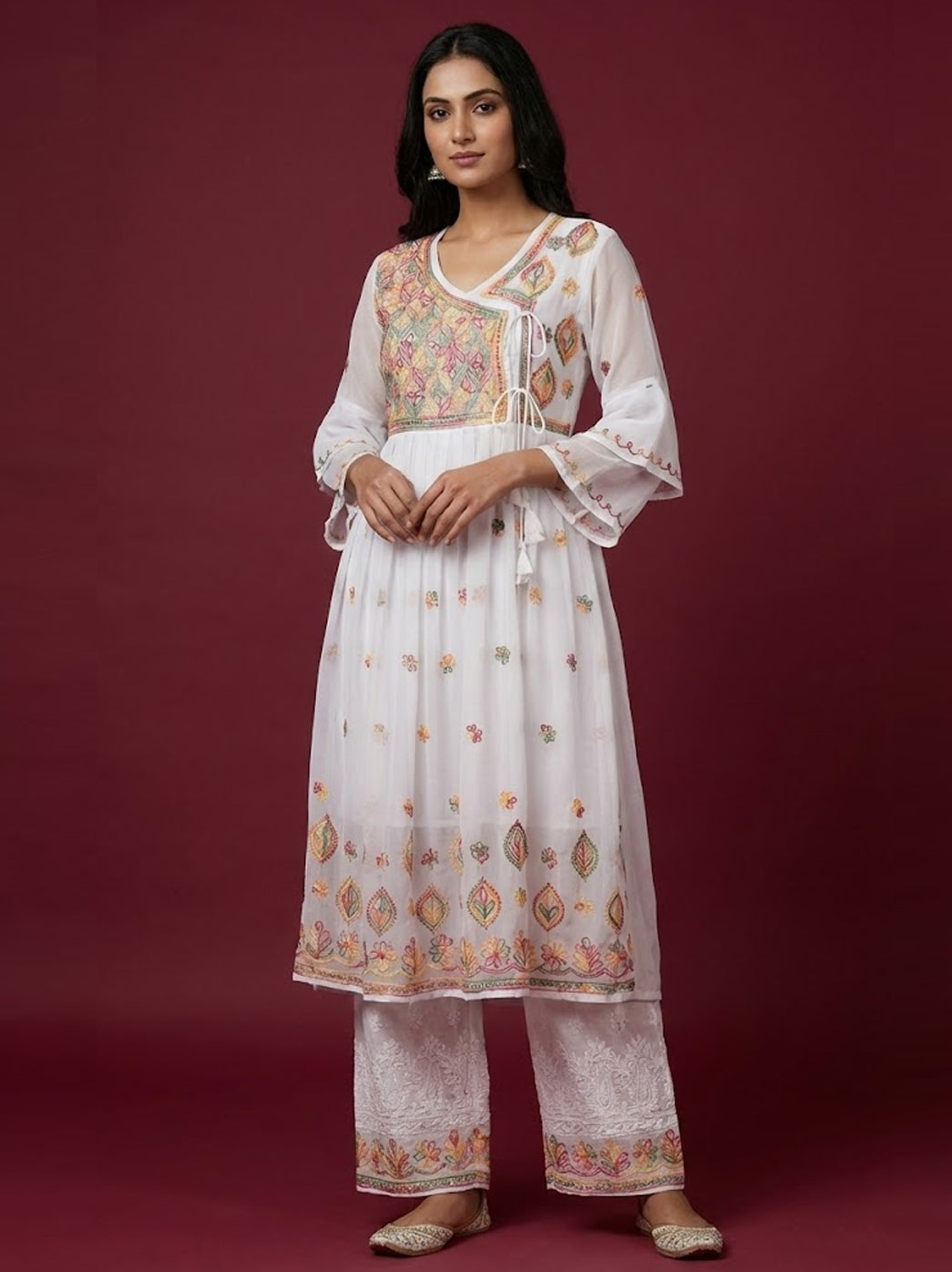 White Georgette Chikankari A-Line Kurti