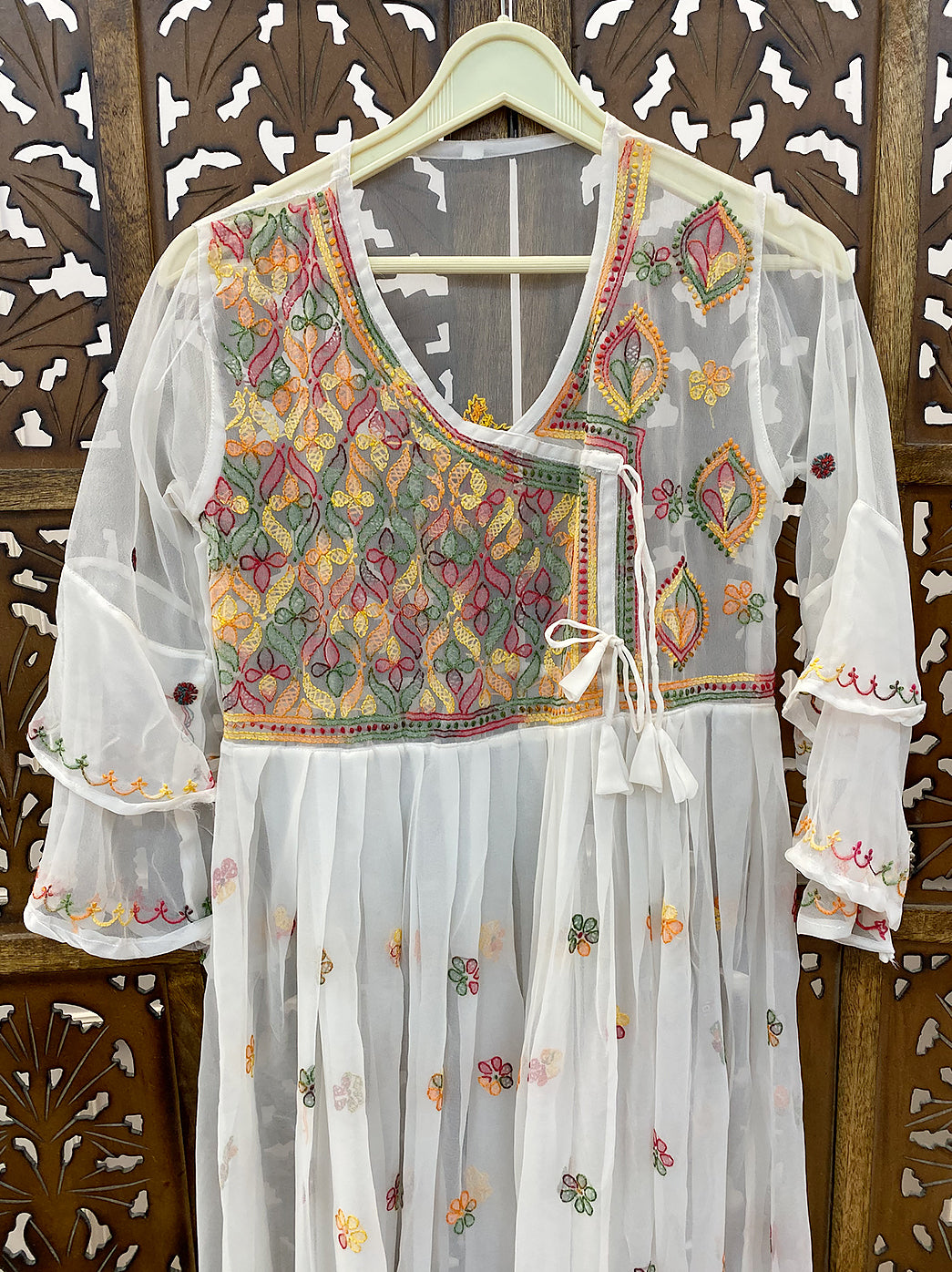 White Georgette Chikankari A-Line Kurti
