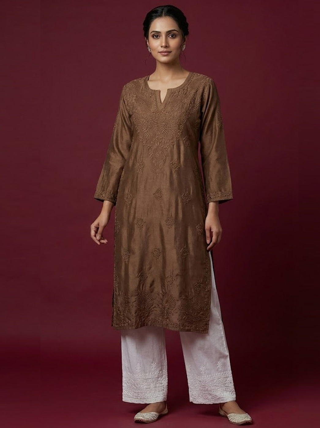 Taupe Brown Chanderi Chikankari Straight Kurti
