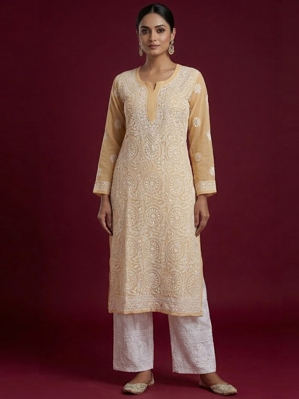 Beige Georgette Chikankari Straight Kurti with Dupatta