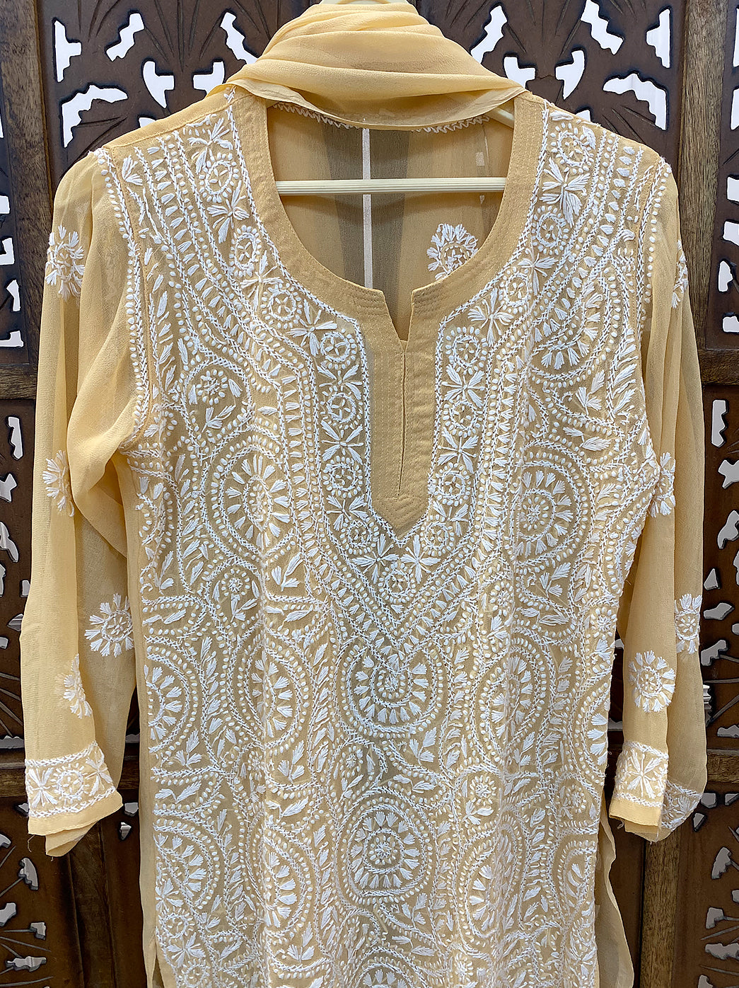 Beige Georgette Chikankari Straight Kurti with Dupatta