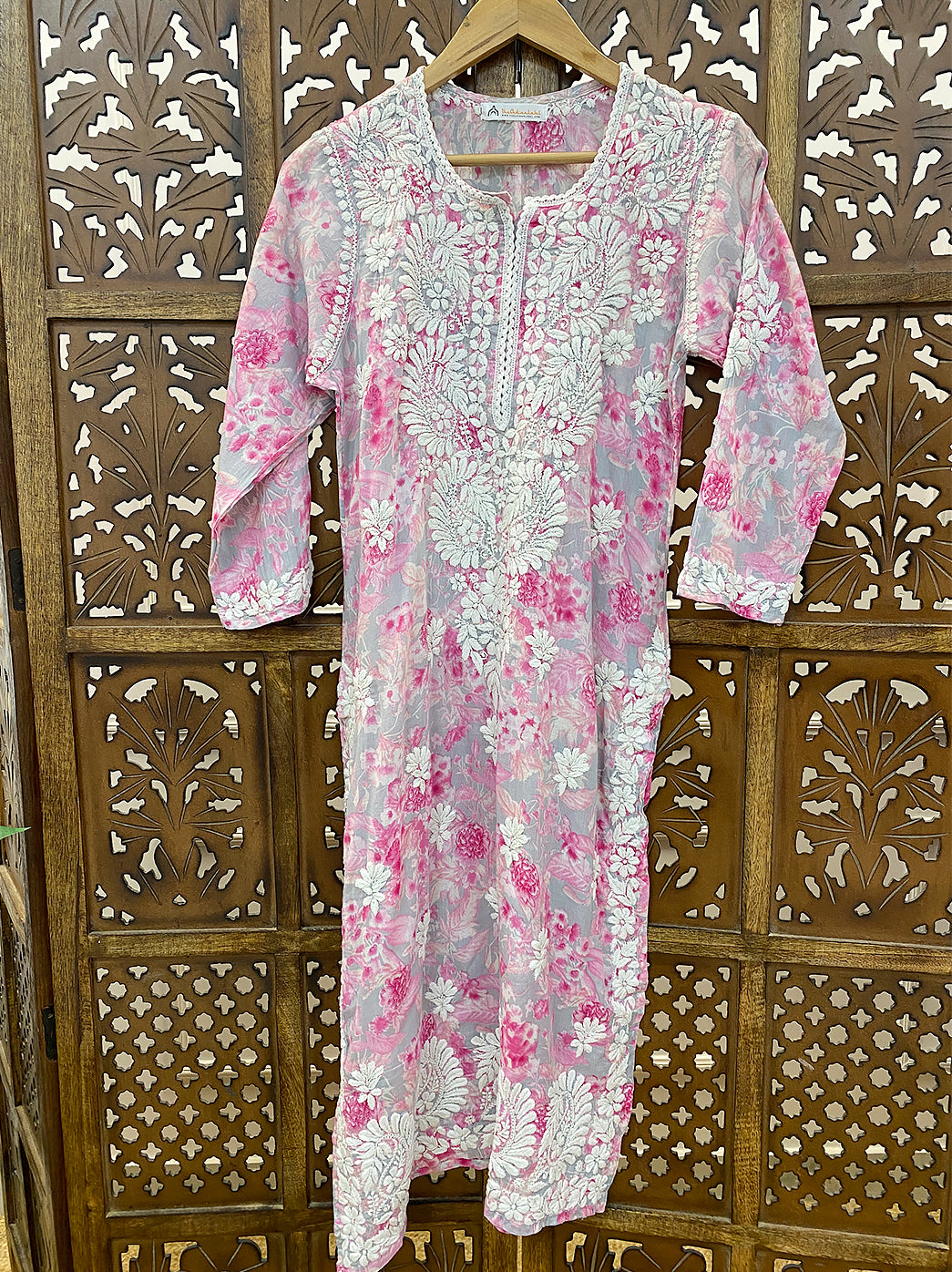 Pink Mulmul Printed Chikankari Straight Kurti