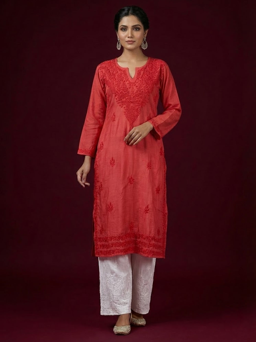 Red Muslin Chikankari Straight Kurti