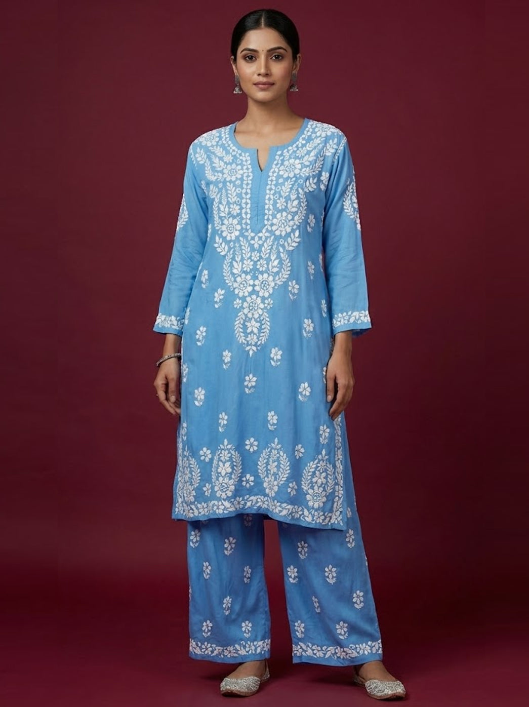 Powder Blue Modal Chikankari Kurti Palazzo Set