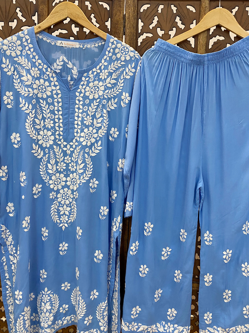 Powder Blue Modal Chikankari Kurti Palazzo Set