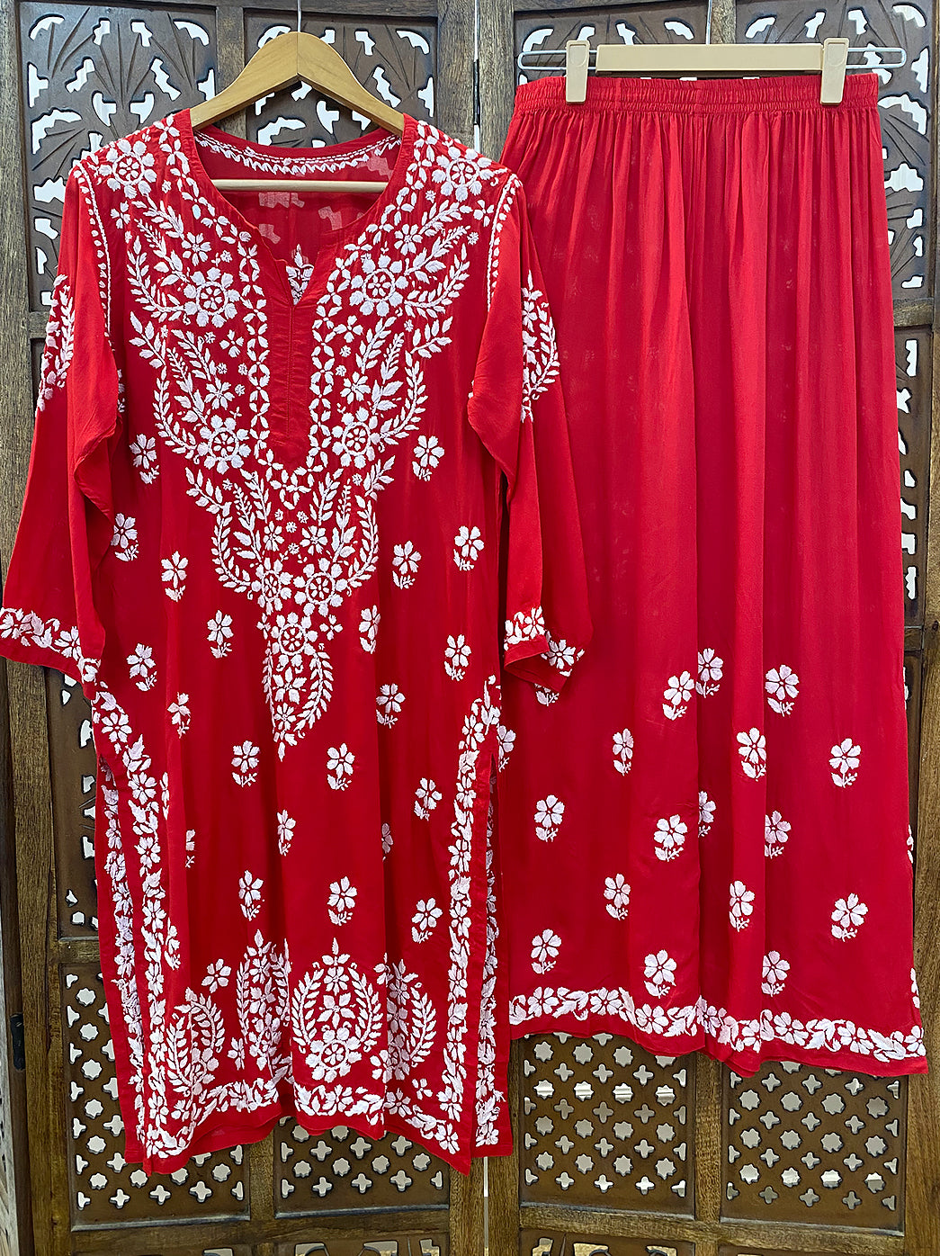 Red Modal Chikankari Kurti Palazzo Set