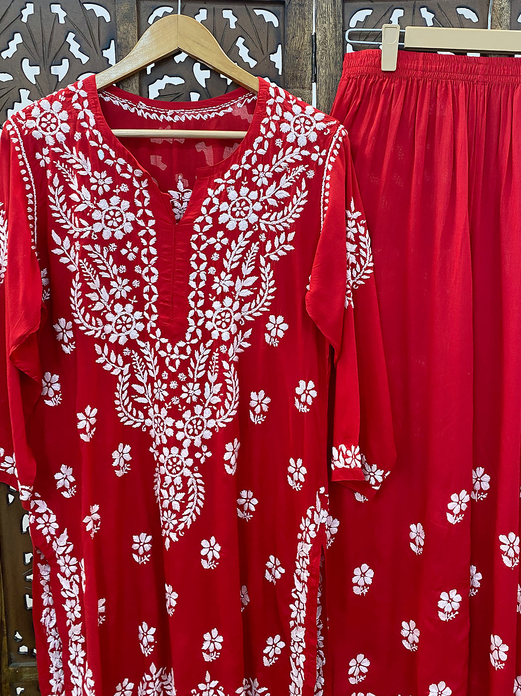 Red Modal Chikankari Kurti Palazzo Set