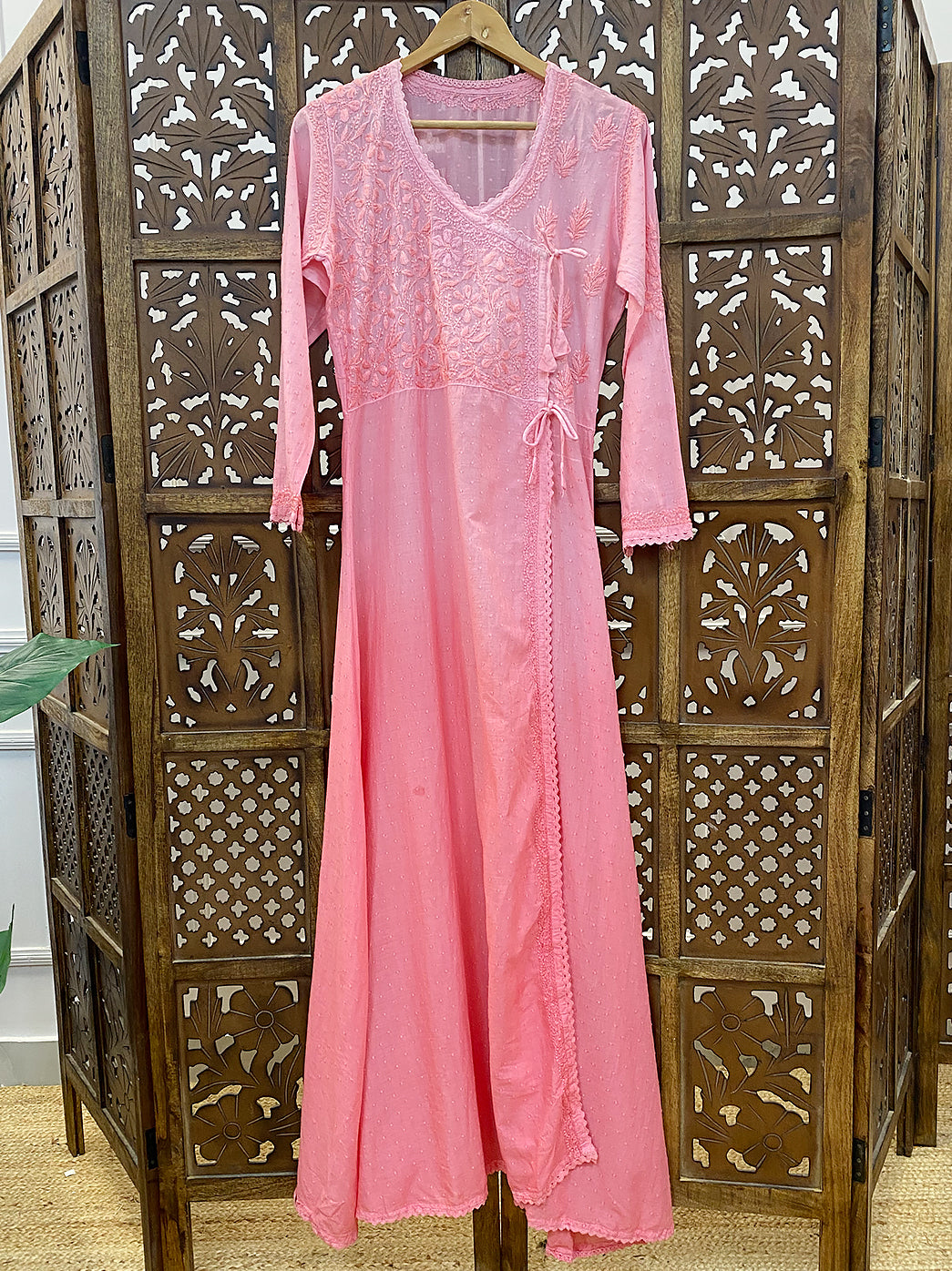 Peach Cotton Chikankari Angrakha