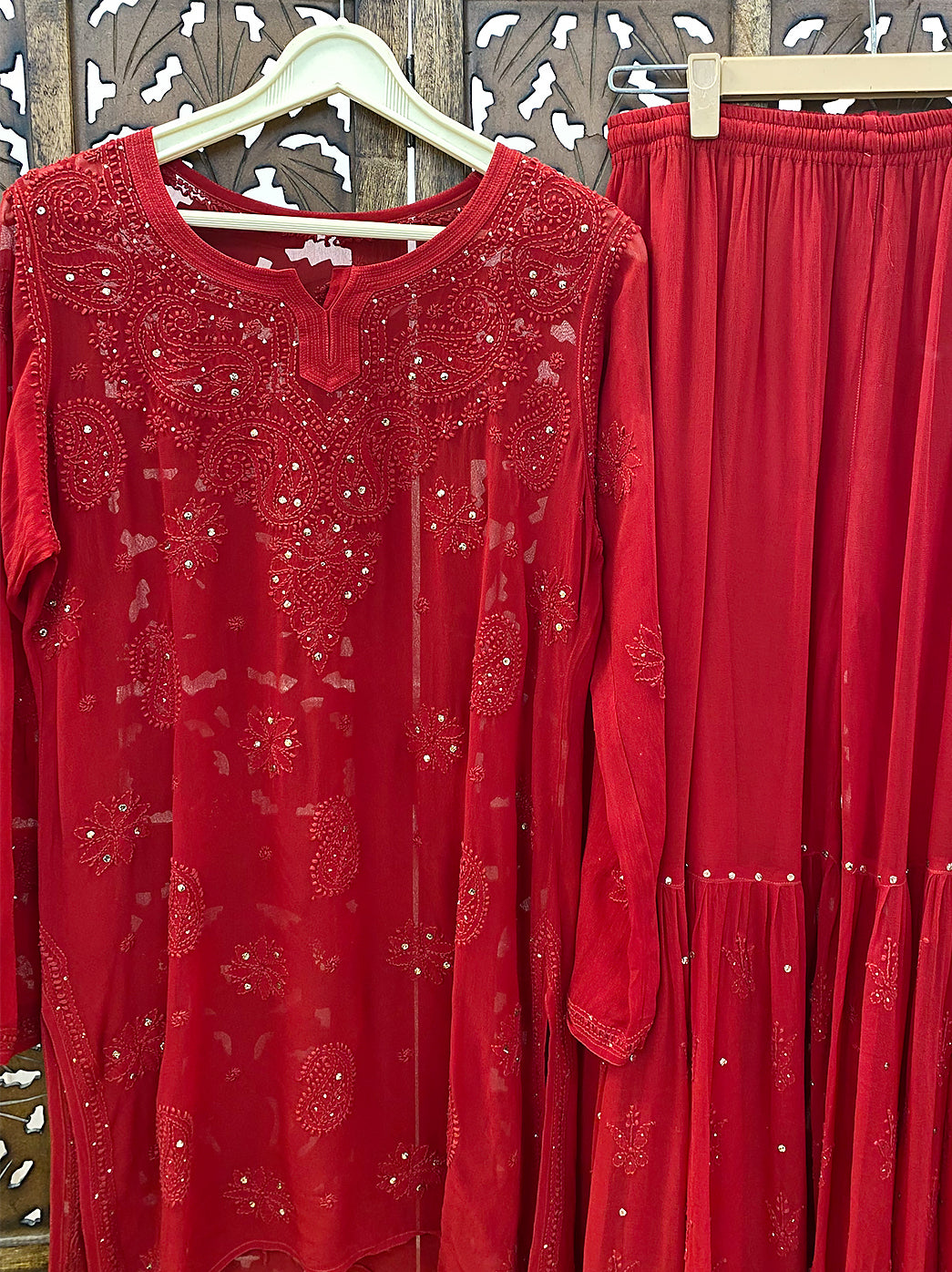 Red Viscose Chikankari Kurta Garara Set