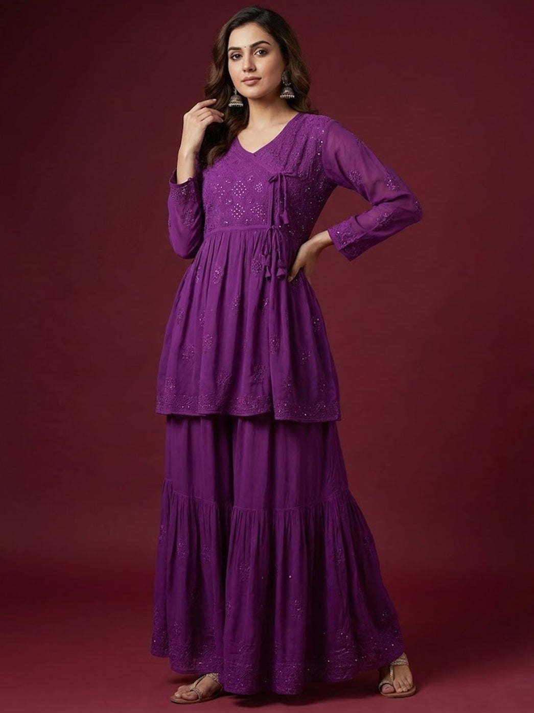 Purple Viscose Chikankari Kurta Garara Set
