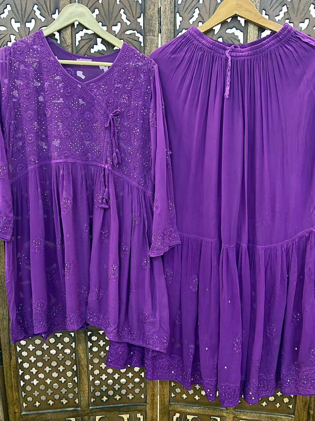 Purple Viscose Chikankari Kurta Garara Set