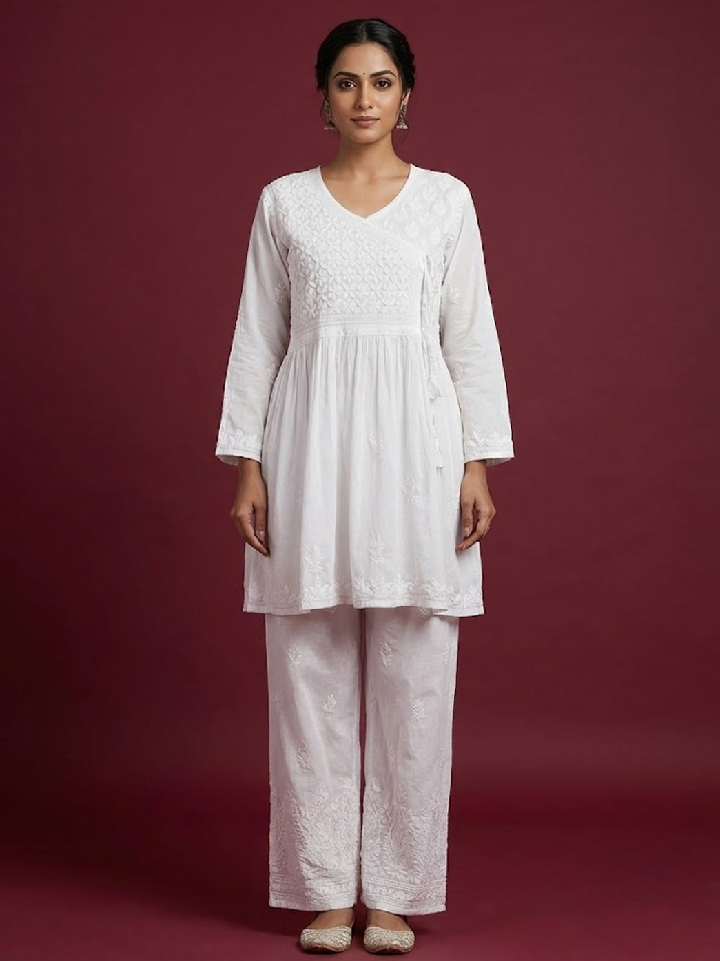 White Viscose Chikankari Short Top