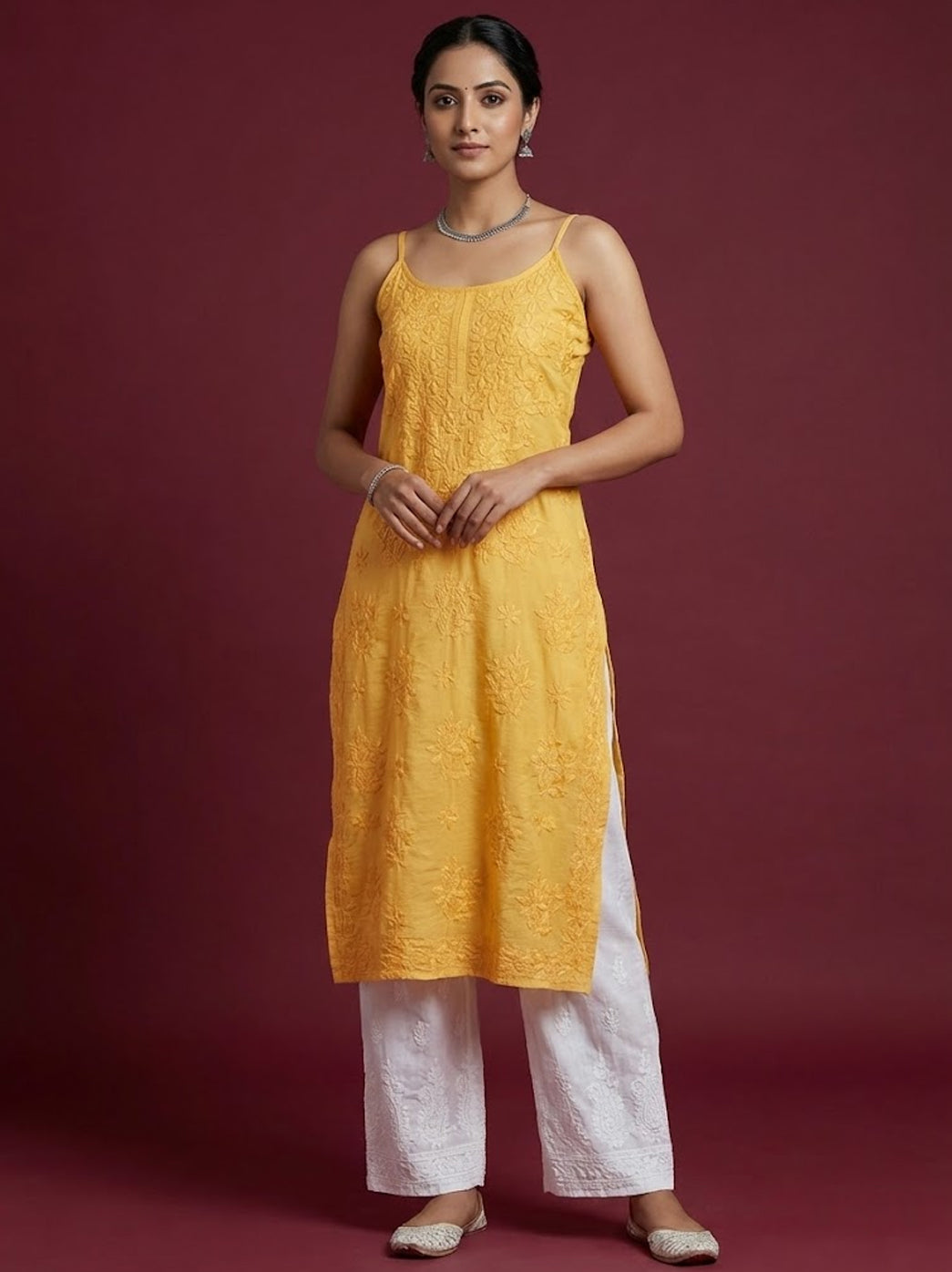 Yellow Chanderi Chikankari Strappy