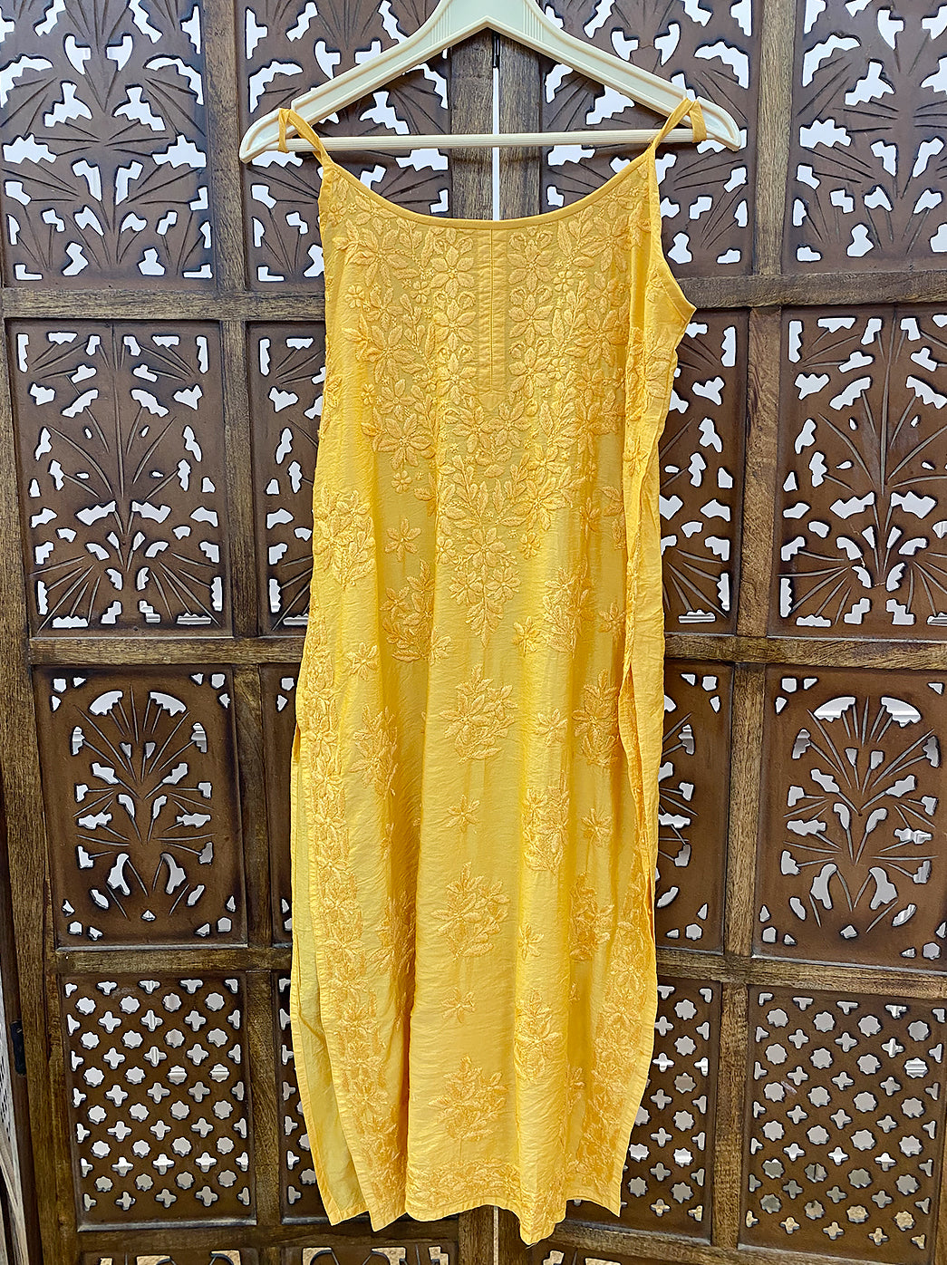 Yellow Chanderi Chikankari Strappy