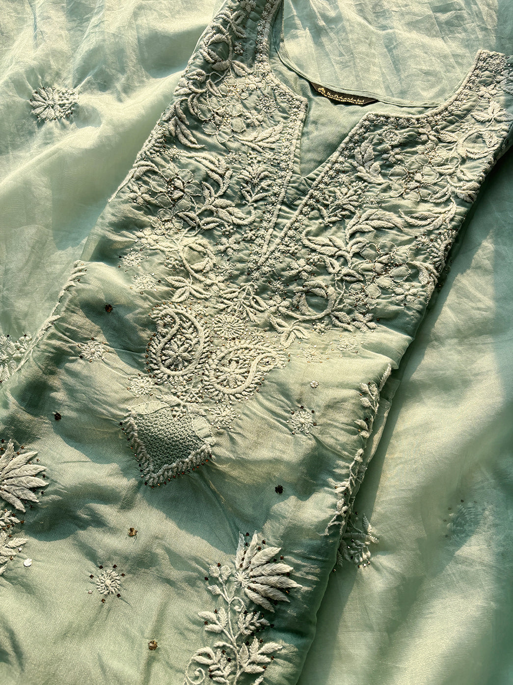 “Festive wear organza stitched kurti set with dupatta and pant showcasing delicate floral chikankari embroidery”