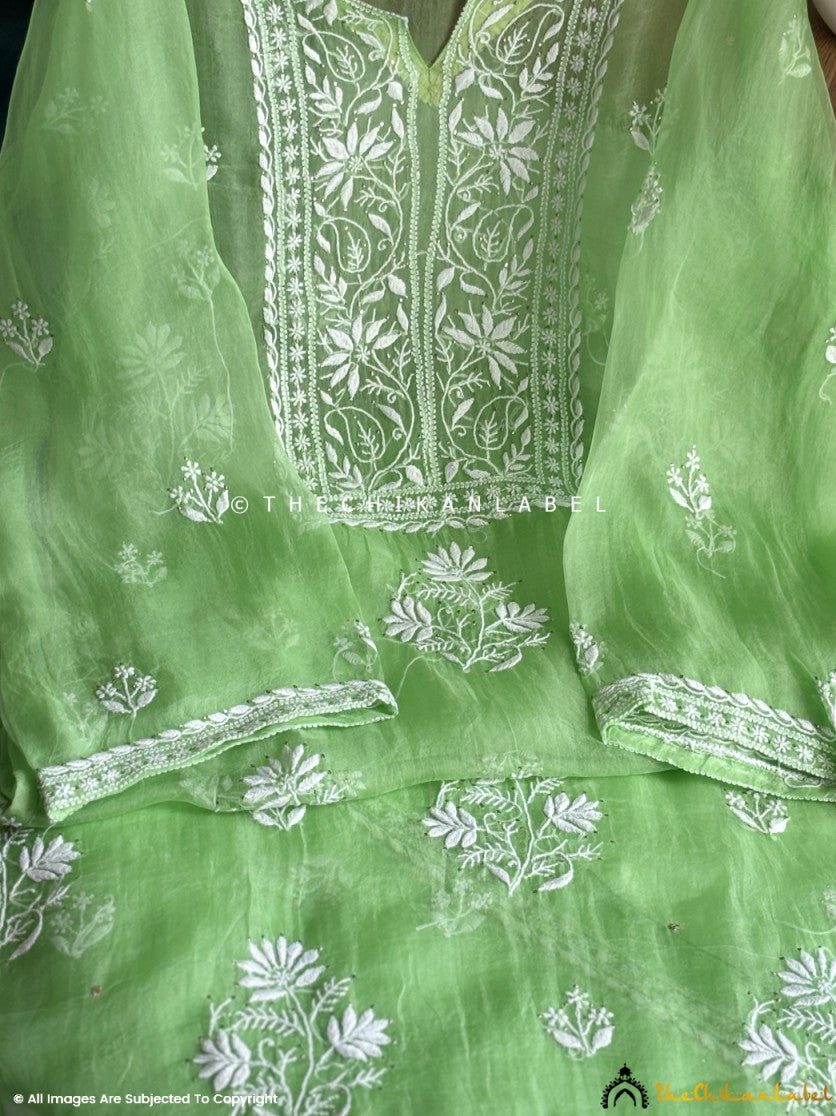 “Organza chikankari kurta fabric with dupatta semi-stitched showcasing delicate floral embroidery”