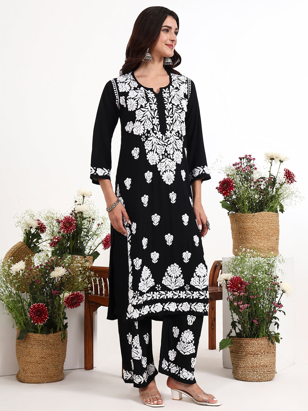 Premium rayon chikankari kurti palazzo set designed for modern ethnic fashion styling