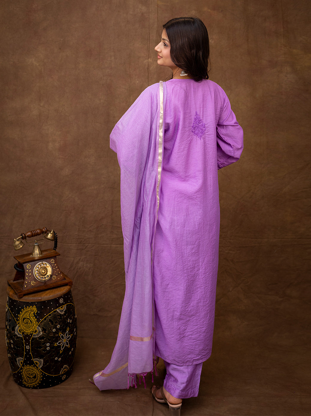 Front view of Tiya Chanderi chikankari kurta set with dupatta highlighting fine hand embroidery on premium chanderi fabric