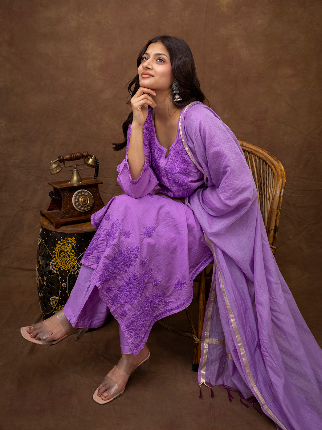 Ethnic chikankari kurta set with dupatta styled for festive wear featuring lightweight chanderi fabric and elegant drape