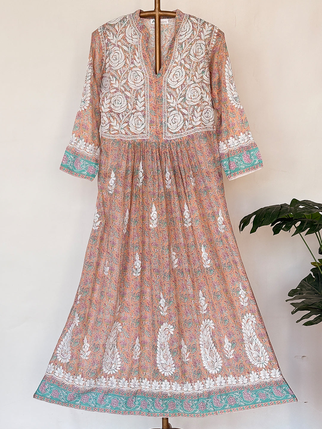 Peach Mulmul Chikankari Anarkali Kurti