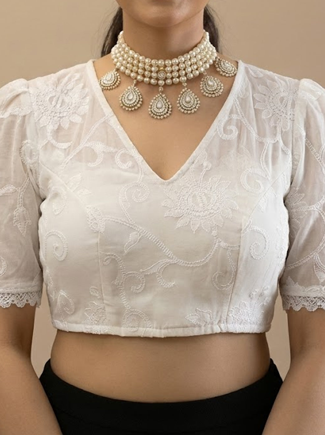 Viscose Handmade Half Sleeve Chikankari Blouse - White