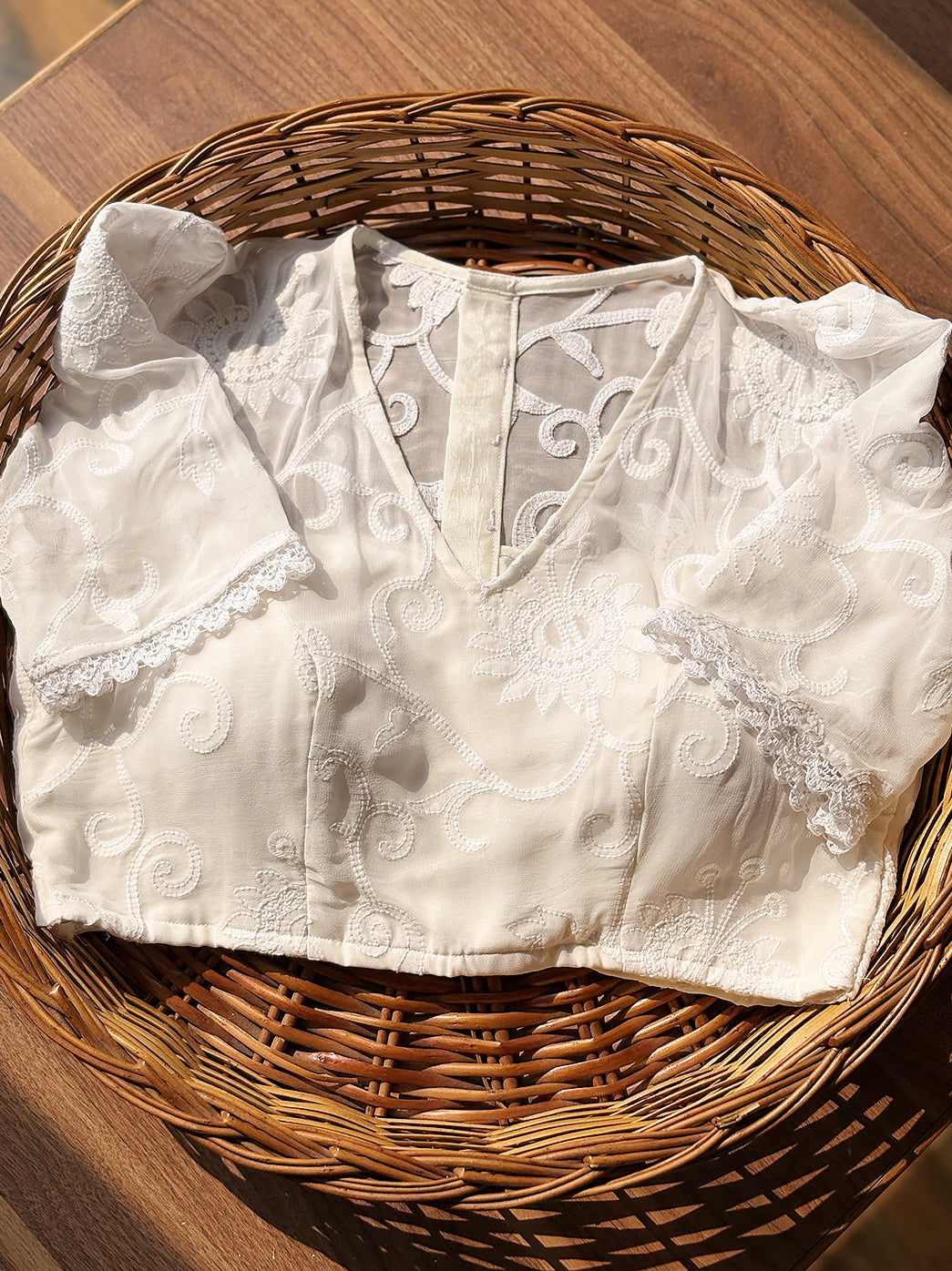 Viscose Handmade Half Sleeve Chikankari Blouse - White