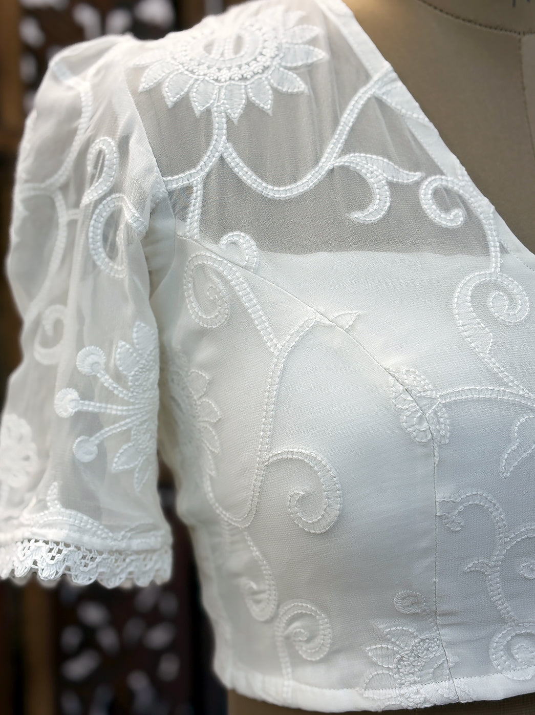 Viscose Handmade Half Sleeve Chikankari Blouse - White