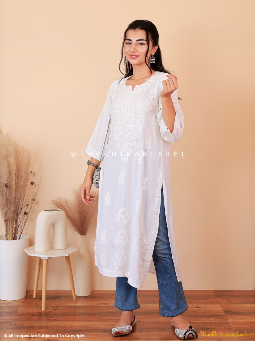 White Aarna Rayon Chikankari Straight Kurti , Chikankari Straight Kurti in Rayon Fabric For Woman