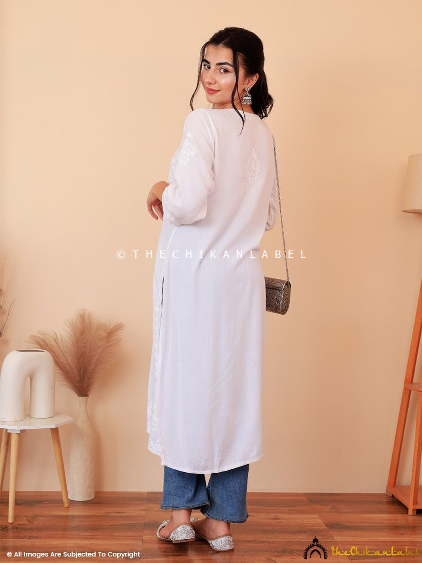White Aarna Rayon Chikankari Straight Kurti , Chikankari Straight Kurti in Rayon Fabric For Woman