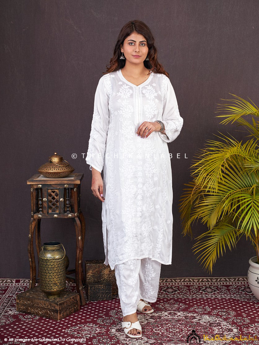 White Afiza Satin Modal Chikankari Kurta Set ,Chikankari Kurta Set in Modal Fabric For Woman