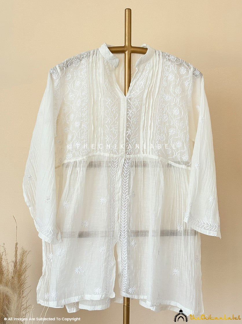 White Feba Mulmul Chanderi Semi-stitched Chikankari Shirt
