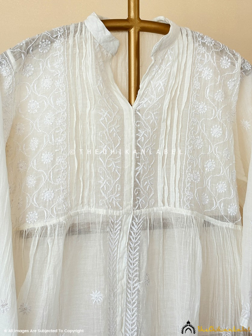 White Feba Mulmul Chanderi Semi-stitched Chikankari Shirt