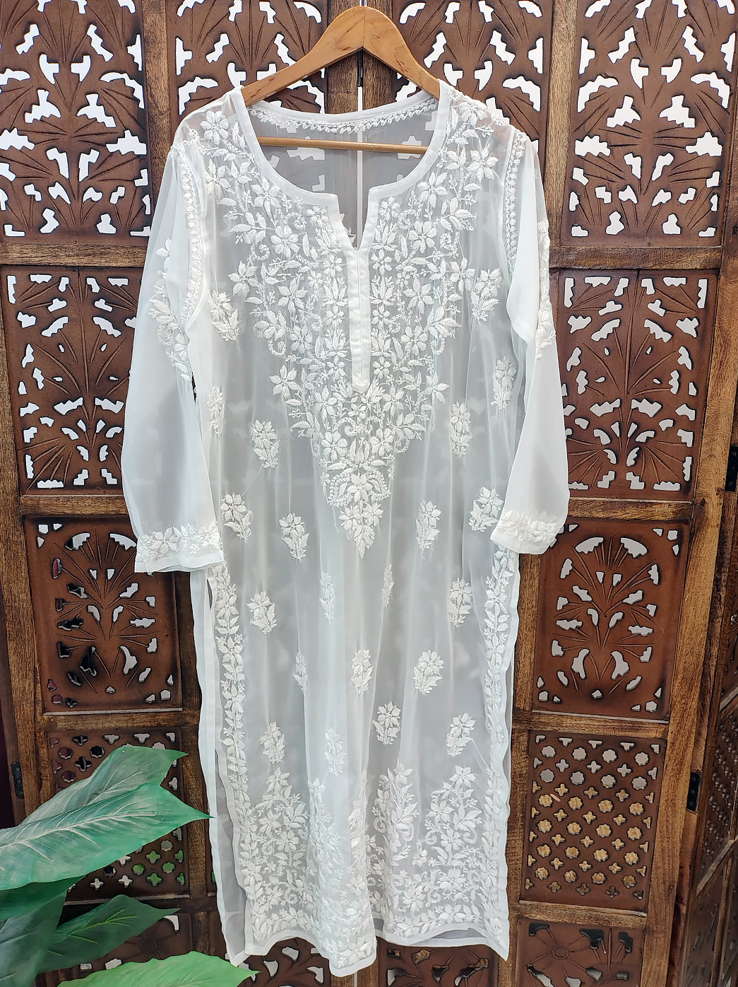 White Georgette Chikankari Straight Kurti
