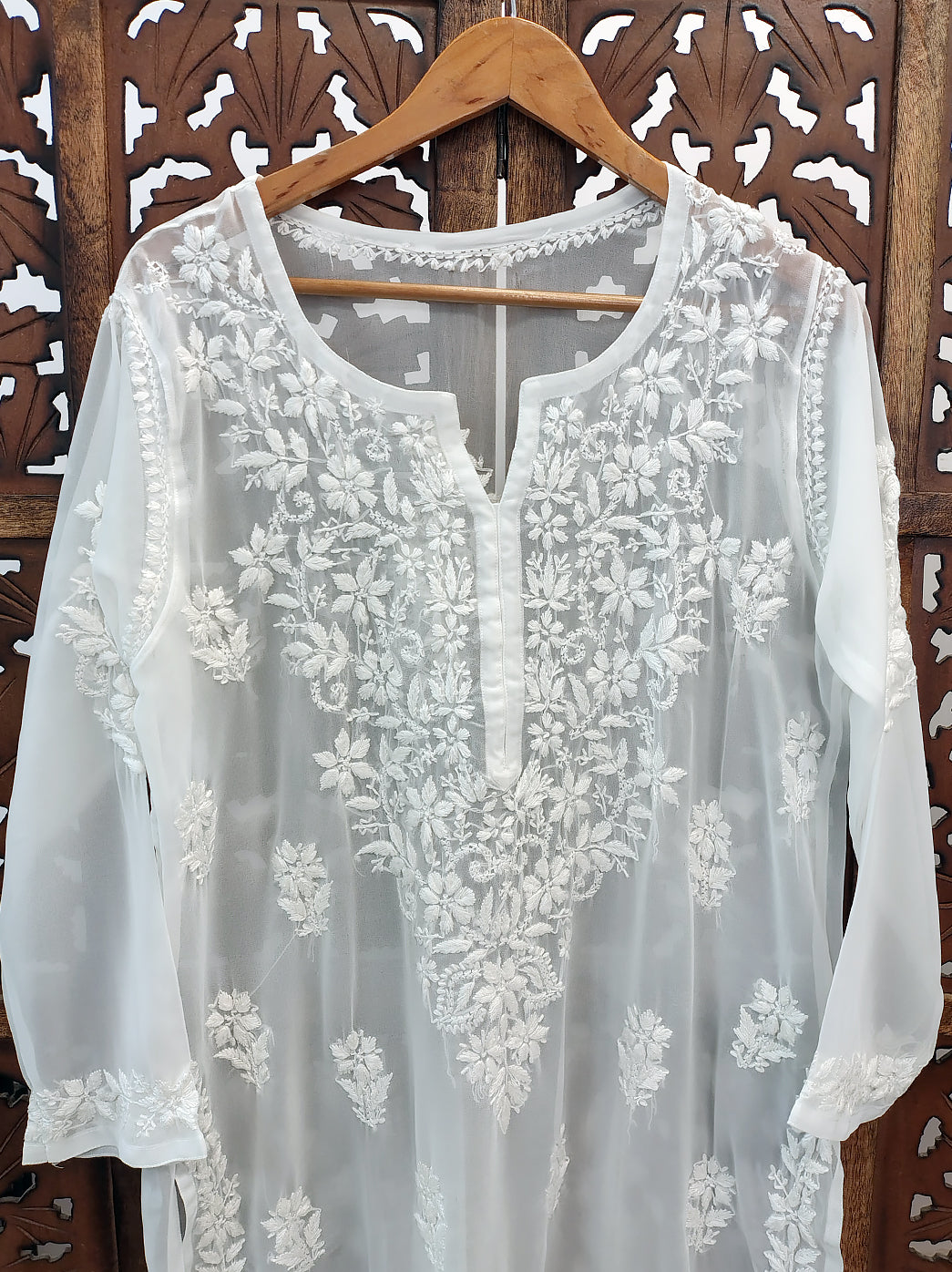 White Georgette Chikankari Straight Kurti