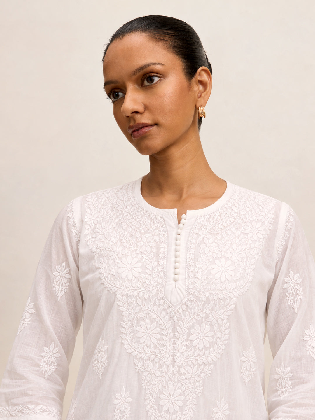 White Ira Cotton Chikankari Short Kurta