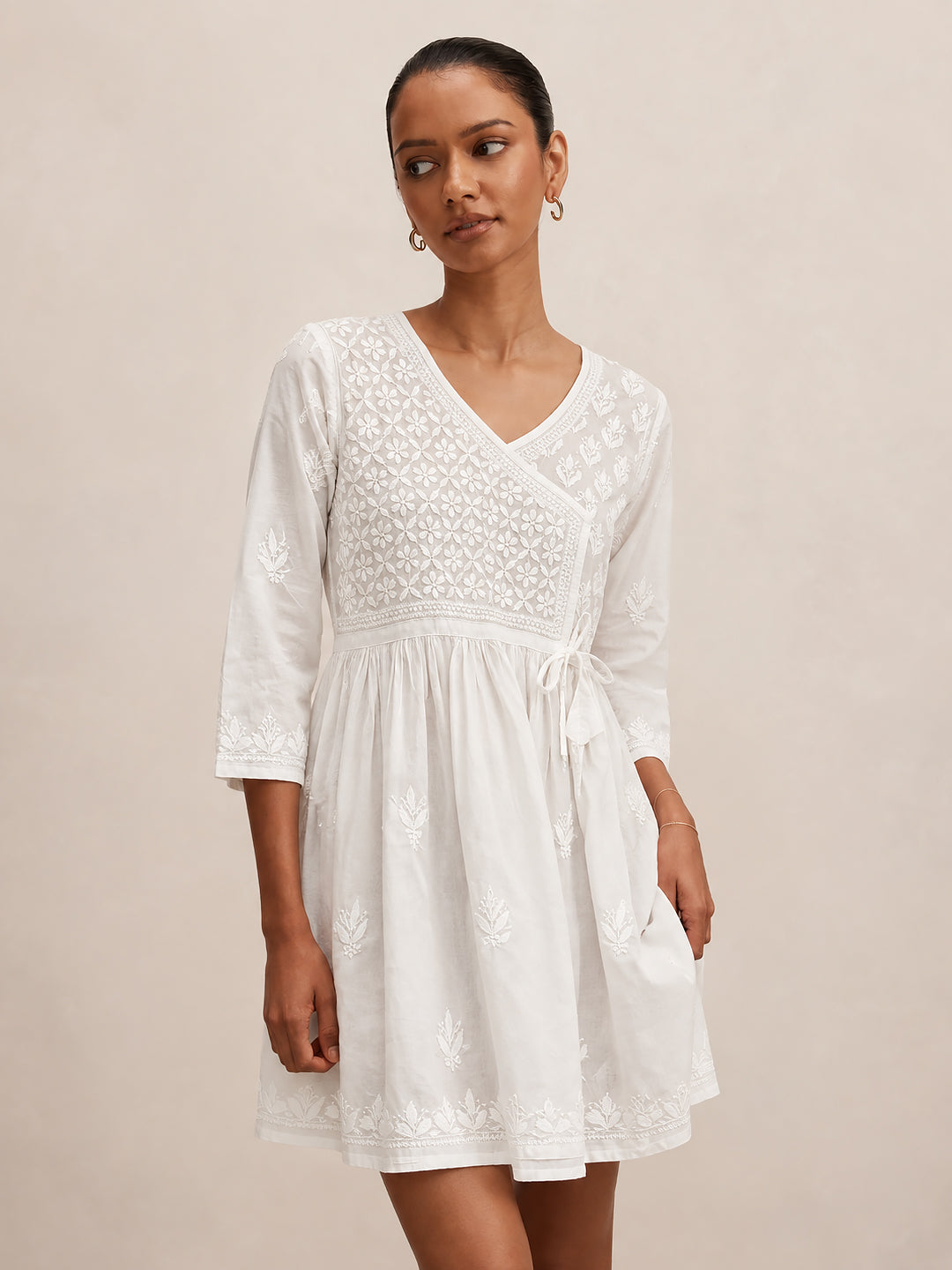 Isra Mulmul Cotton Chikankari Short Angrakha Kurti-White