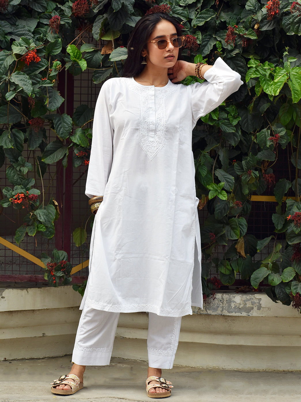 White Kirti Cotton Chikankari Co-ord Set