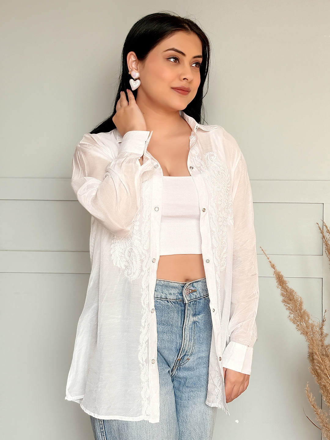Riha Muslin Chikankari Shirt - White