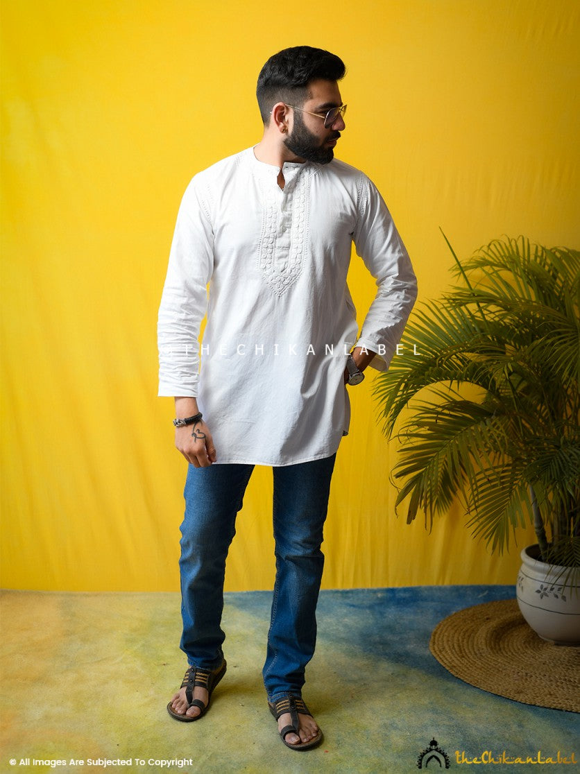 White Nawaab Cotton Mens Chikankari Kurta ,Mens Chikankari Kurta in Cotton Fabric For Men