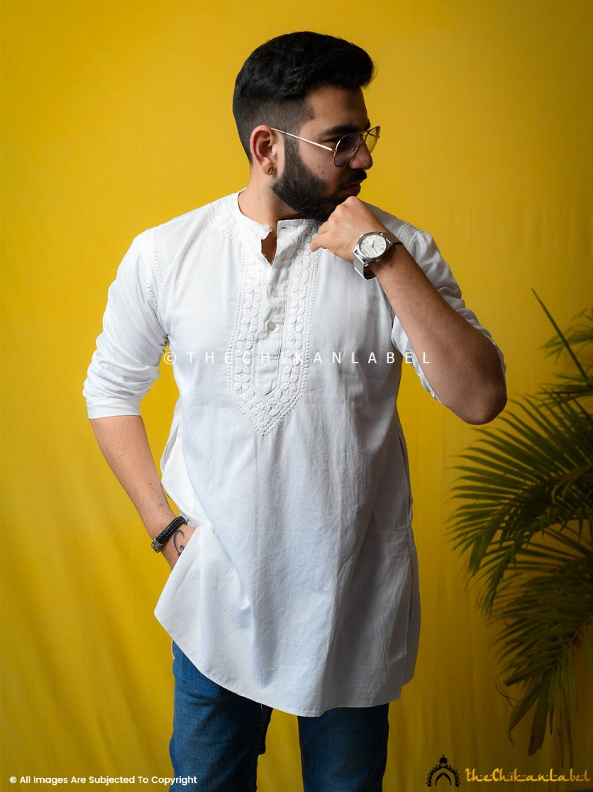 White Nawaab Cotton Mens Chikankari Kurta - Main Image