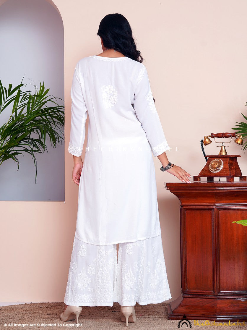 White Rayon Chikankari Straight Kurti