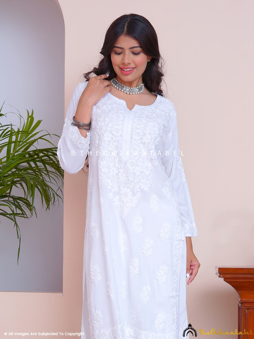 White Rayon Chikankari Straight Kurti