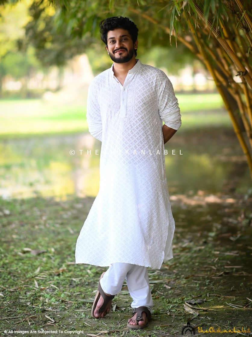 White Shaan Viscose Mens Chikankari Kurta ,Chikankari Kurta in ViscoseFabric For Men