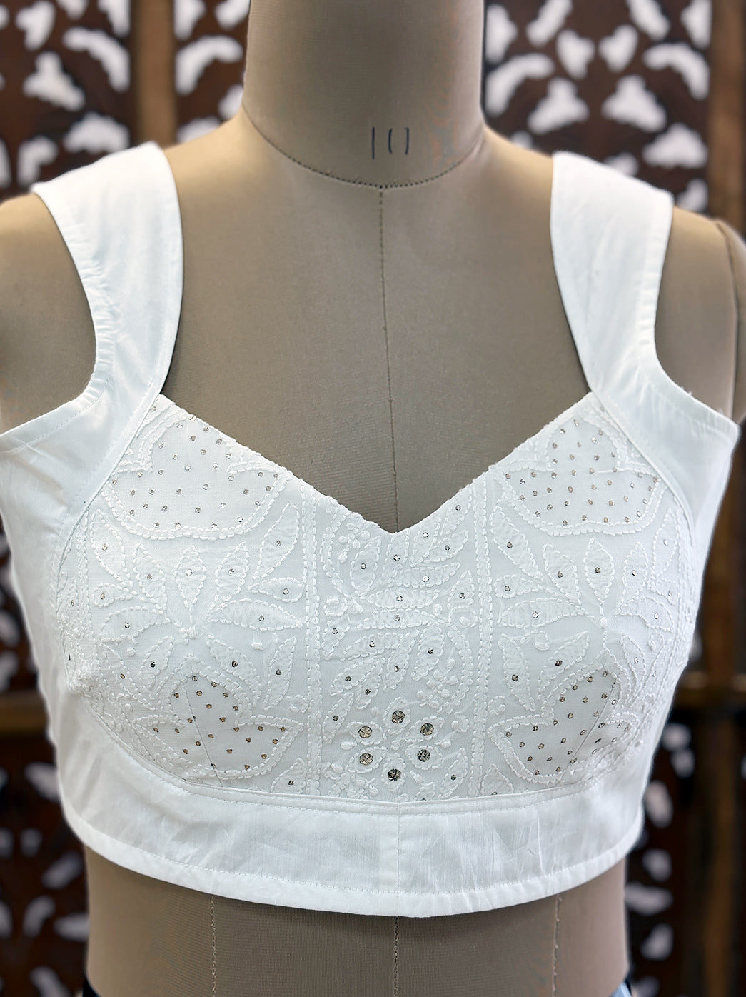 White Viscose Mukaish Handmade Chikankari Blouse
