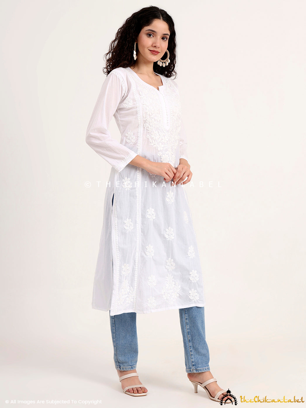 White Zikra Cotton Chikankari Straight Kurti