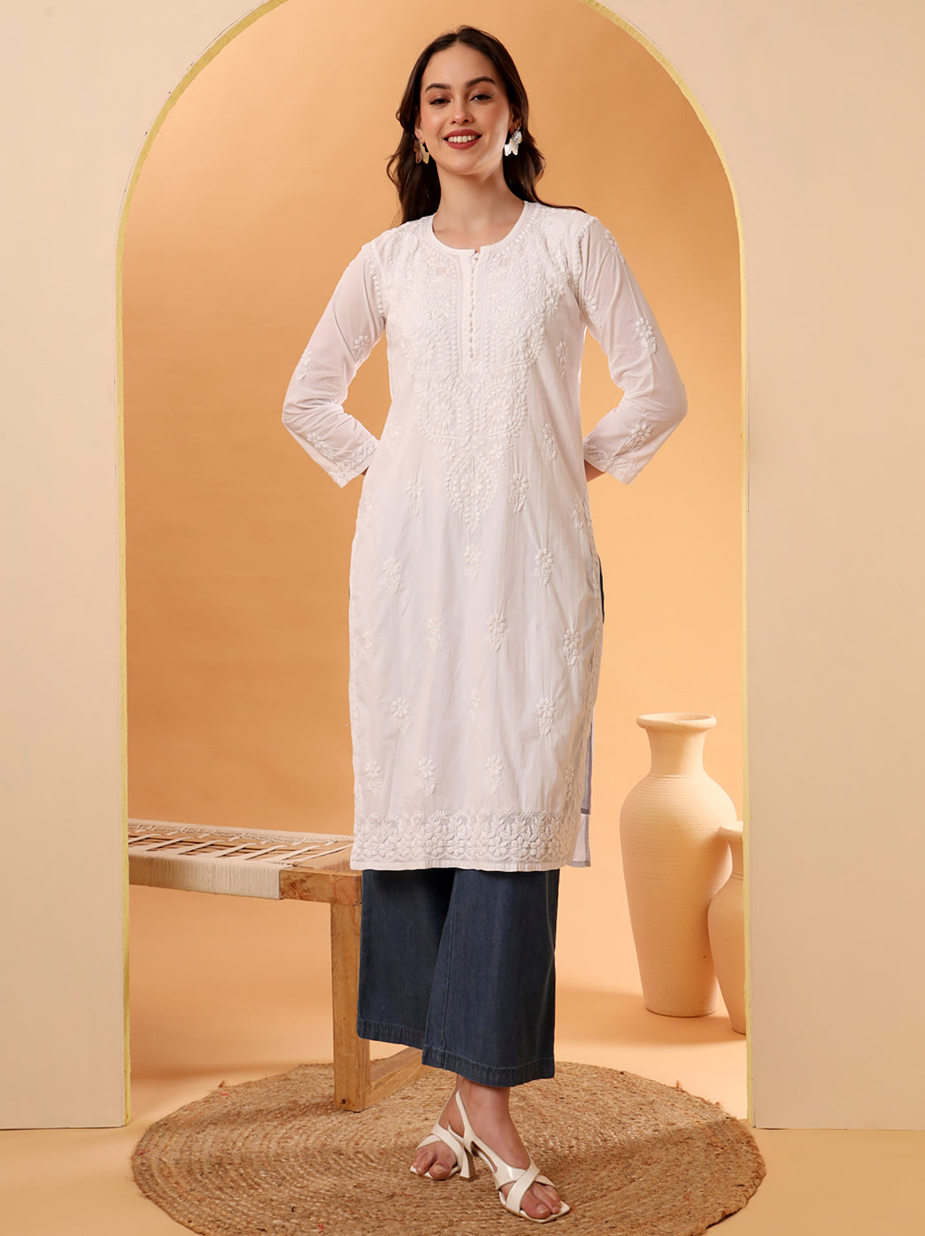 White Barkha Cotton Chikankari Straight Kurti