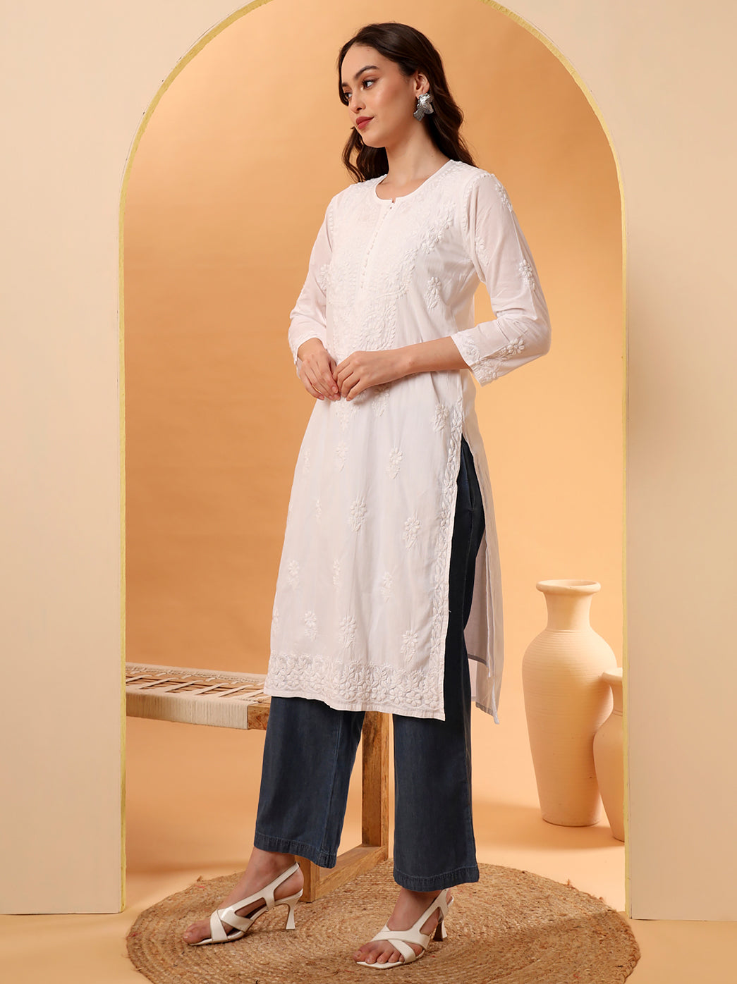 White Barkha Cotton Chikankari Straight Kurti